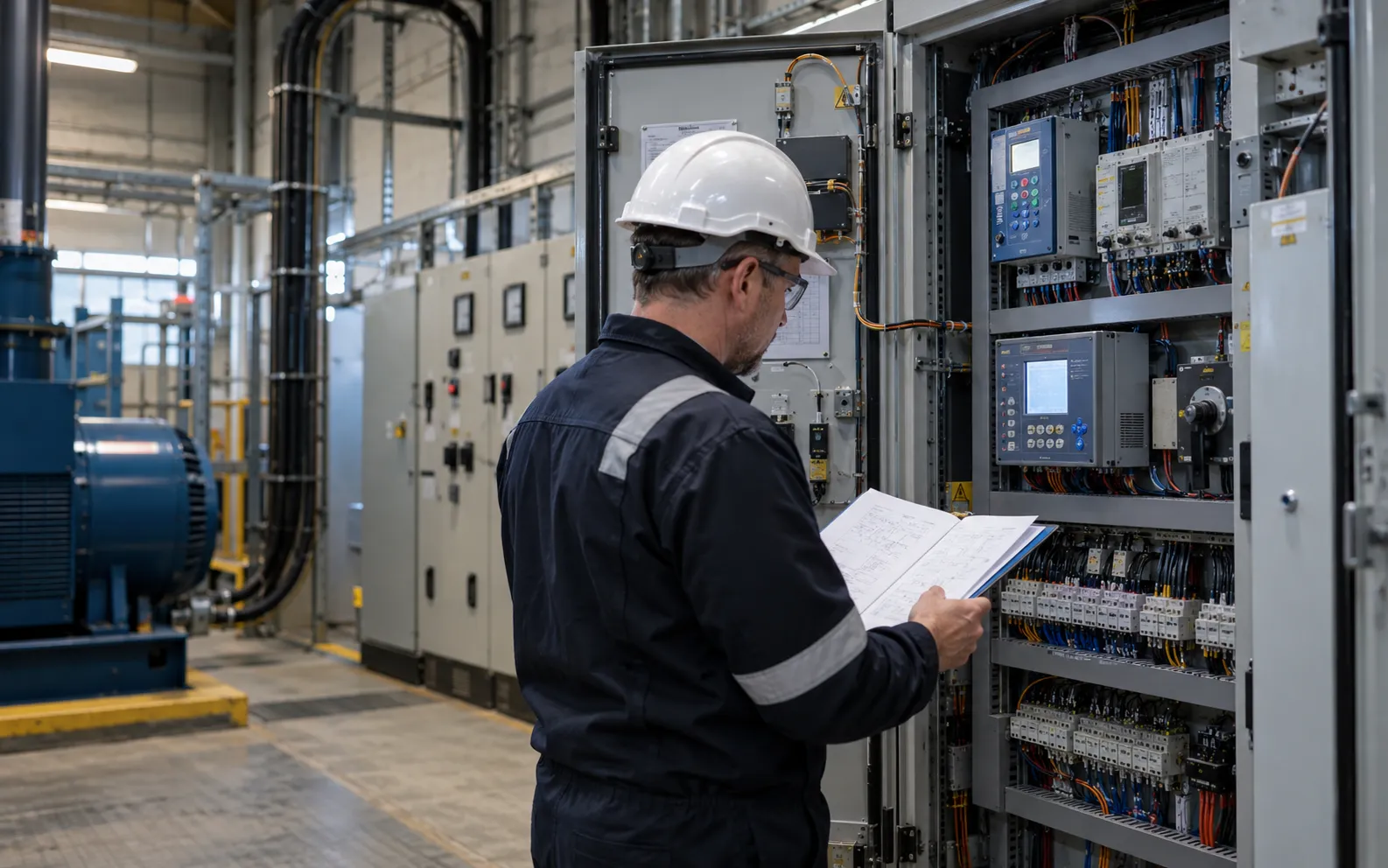 Electrical engineer working with G99 protection and testing equipment