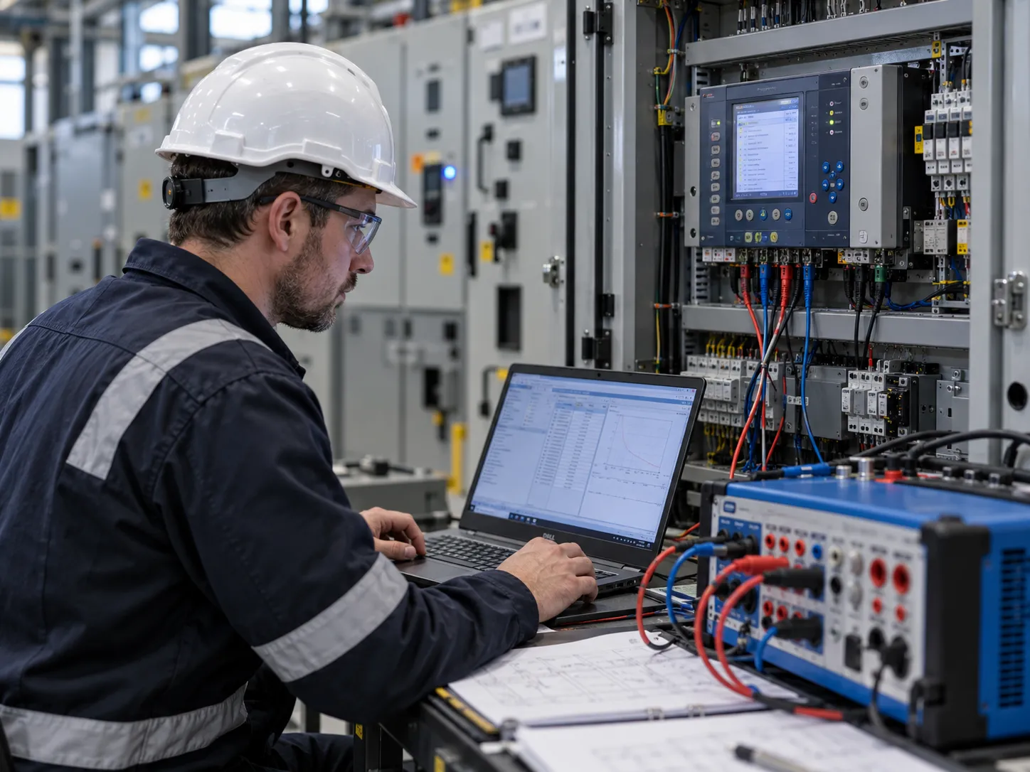 Electrical engineer inspecting protection equipment for G99 testing
