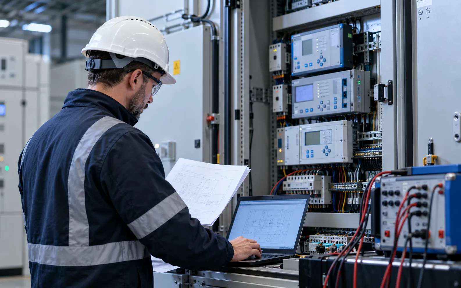 Engineer inspecting protection relay equipment for Loss of Mains upgrade support