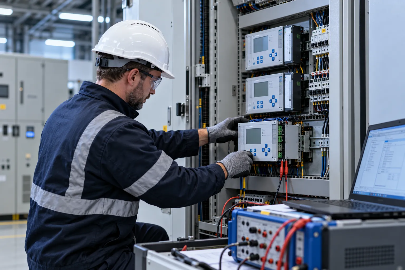 Electrical engineer carrying out protection relay replacement and commissioning