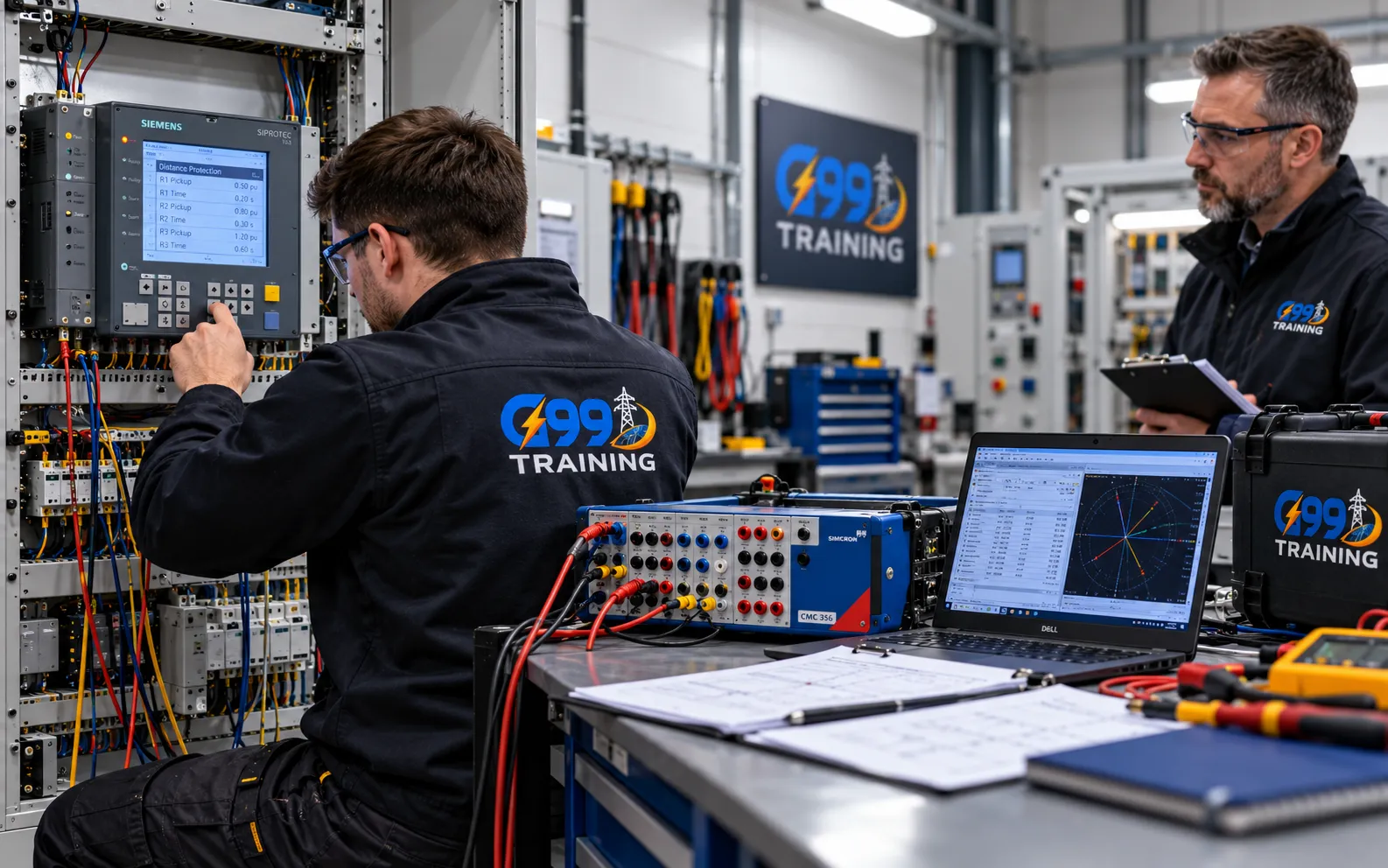 Trainee carrying out practical relay testing in the workshop