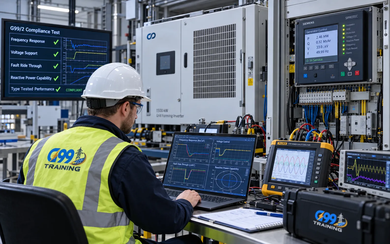 Power generation performance testing including frequency and voltage response