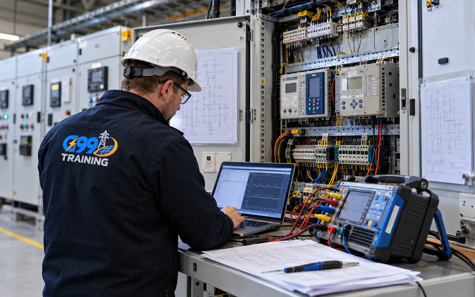Electrical engineer inspecting protection relay equipment for ALoMCP compliance